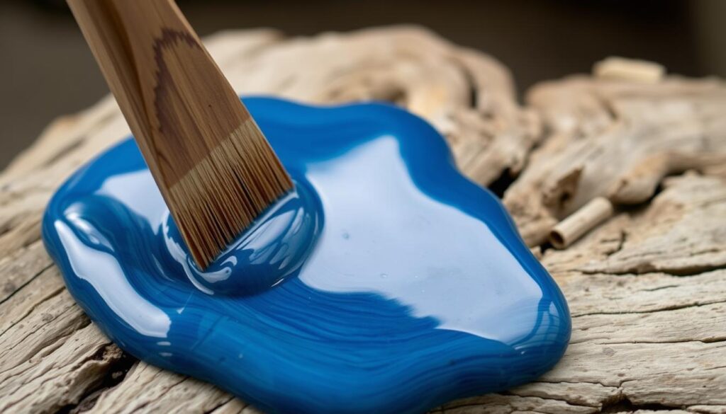 Image d'une couche de vernis marin appliquée sur du bois flotté
