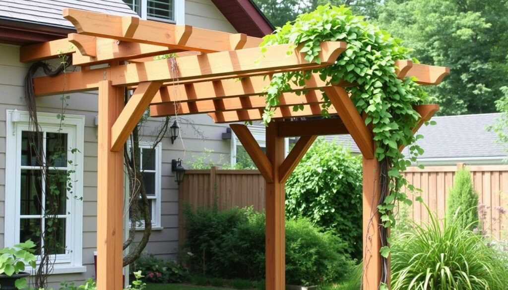 Image d'une pergola en bois adossée à une maison avec des plantes grimpantes