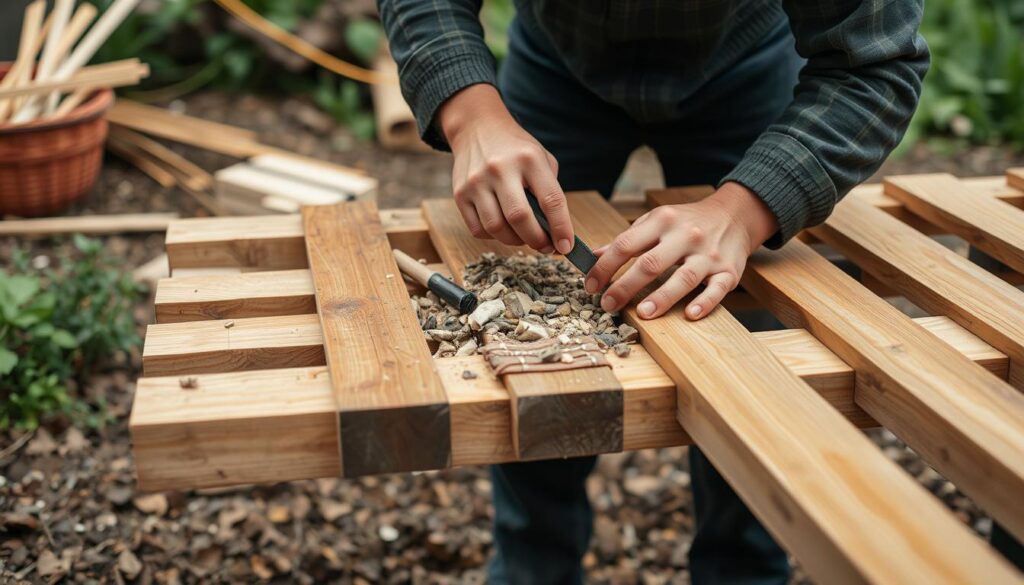 Image d'une personne préparant les matériaux pour la construction d'une estrade en bois
