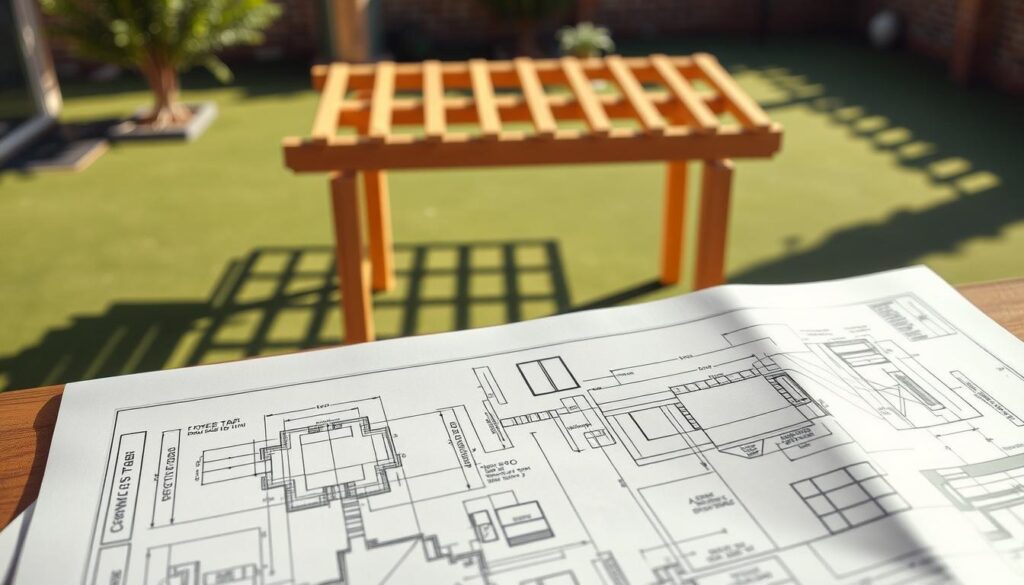 Plans de pergola, a detailed architectural blueprint showcasing the intricate design of a wooden pergola structure. The foreground features precise technical diagrams and engineered schematics, highlighting the structural components, dimensions, and construction methods. The middle ground presents a rendered 3D model of the pergola, allowing viewers to visualize the final product. The background setting is a serene outdoor space, hinting at the pergola's intended environment, with natural lighting casting warm tones and gentle shadows across the scene. The overall mood conveys a sense of meticulous planning, professional craftsmanship, and the promise of a harmonious outdoor living space.
