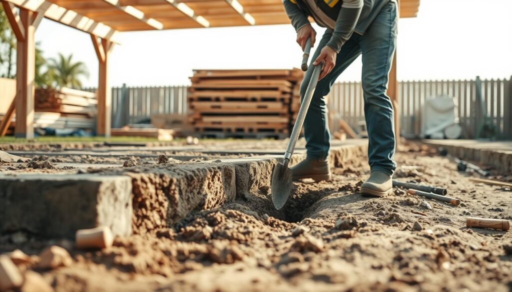 Preparation of foundations for a flat-topped wooden pergola. A construction worker carefully excavates a shallow trench, preparing the ground for the installation of sturdy concrete footings. In the background, neatly stacked lumber and tools suggest the upcoming assembly. The scene is illuminated by soft, natural lighting, creating a serene and organized atmosphere. The camera angle showcases the process in a close-up, emphasizing the precision and attention to detail required for a secure pergola foundation. A neutral color palette and clean lines convey a sense of professionalism and expertise.