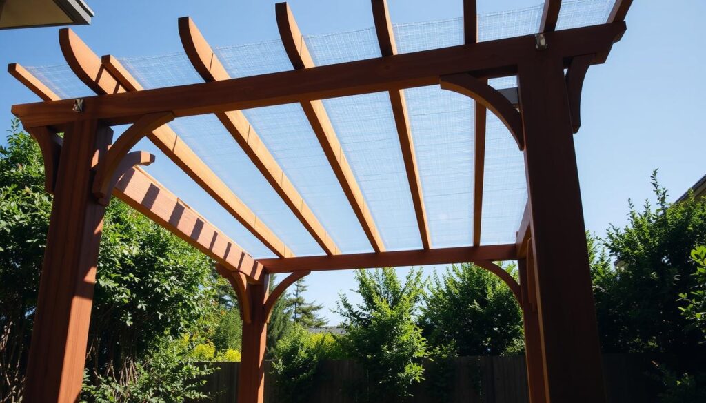 A beautifully crafted wooden pergola stands proudly, its sturdy beams and intricate lattice work casting gentle shadows on the ground below. Atop the structure, a translucent polycarbonate roof panels diffuse the sunlight, creating a warm, inviting atmosphere. The scene is bathed in a soft, natural lighting, with the pergola's silhouette standing out against a backdrop of lush greenery and a clear, azure sky. The overall composition evokes a sense of tranquility and outdoor living, perfectly capturing the charm and functionality of this elegant, yet practical backyard feature.