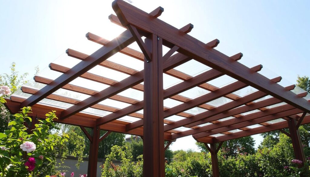 A sun-dappled wooden pergola standing tall, its sturdy beams supporting a transparent polycarbonate roof that filters the light, casting a warm, inviting glow. The structure is situated in a lush garden, surrounded by verdant foliage and colorful blooms. The scene exudes a sense of tranquility and relaxation, with the polycarbonate panels providing protection from the elements while still allowing for an airy, open-air ambiance. The pergola's sleek, modern design seamlessly blends with the natural landscape, creating a harmonious and visually appealing outdoor living space.