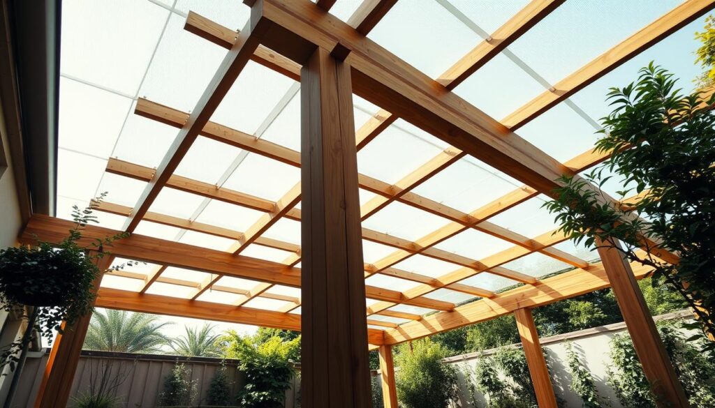 A wooden pergola with a polycarbonate roof, standing in a tranquil garden. The structure's clean, contemporary design features sturdy beams and columns, casting intricate patterns of light and shadow. The polycarbonate panels overhead filter the sunlight, creating a warm, diffused glow that envelops the space. Potted plants and lush greenery surround the pergola, adding pops of color and a natural, inviting ambiance. The scene is captured from a low angle, emphasizing the pergola's impressive height and architectural elegance. The overall atmosphere is one of relaxation and thoughtful design, perfectly suited for a cozy outdoor living area.