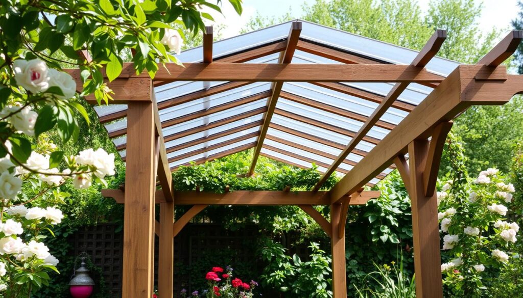 Image d'une pergola en bois avec couverture en polycarbonate