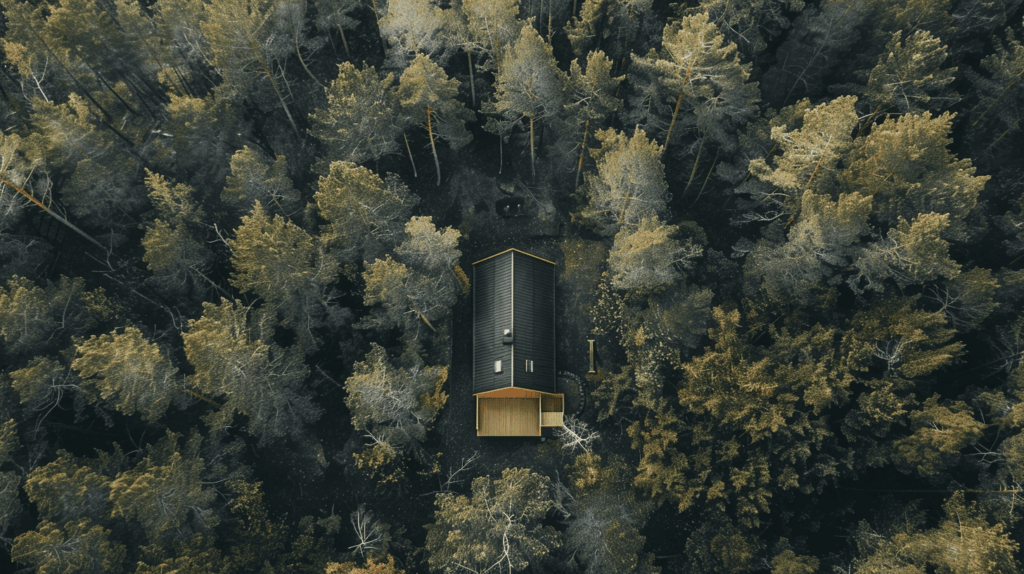 Vue aérienne d'un chalet dans une foret