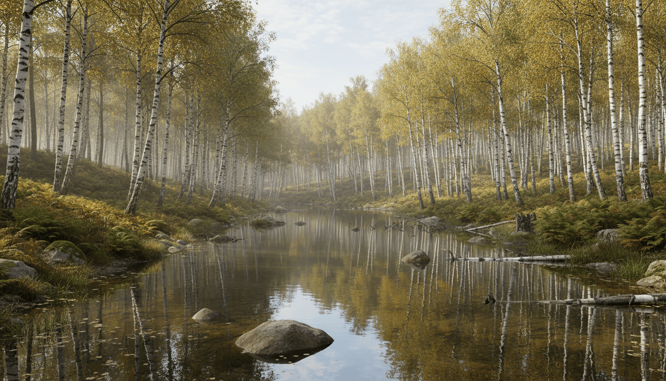 Une foret bouleaux avec un étang