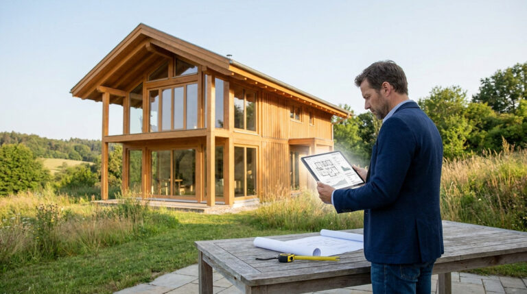 Un professionnel examine les plans d'une maison en bois moderne sur une tablette numérique devant la construction.