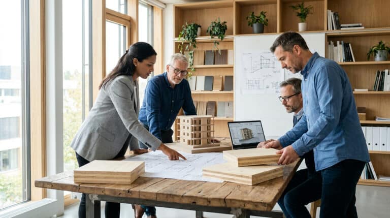 Équipe d'architectes travaillant sur des plans et une maquette en bois dans un bureau lumineux.