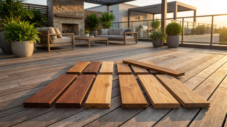 Échantillons de lames de bois de différentes teintes posés sur une terrasse extérieure moderne au coucher du soleil.