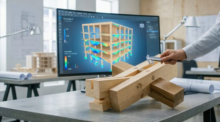 Un ingénieur mesure une pièce de bois devant un écran affichant une simulation de structure selon l'Eurocode 5.