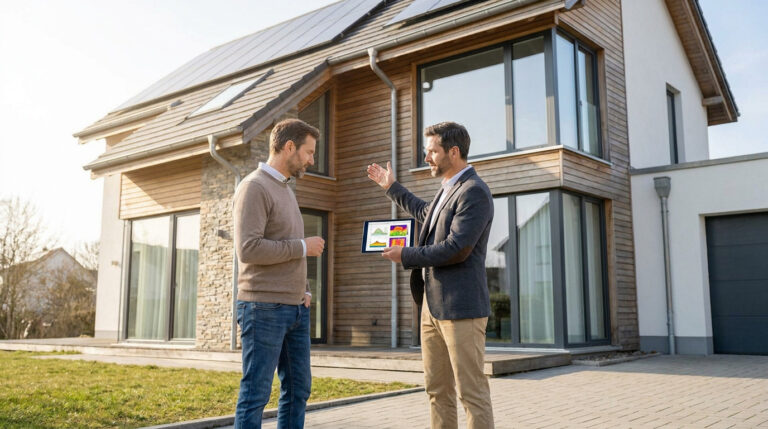 Un expert présente les résultats d'un audit énergétique sur tablette à un propriétaire devant une maison moderne.