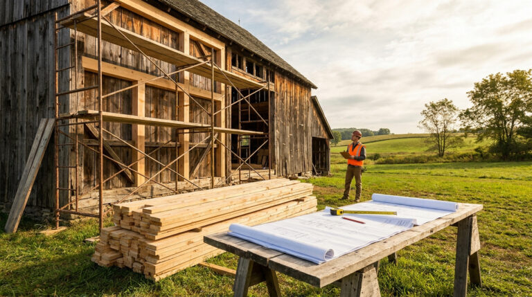 Un chef de chantier examine des plans devant une vieille grange en bois avec des échafaudages et des matériaux.