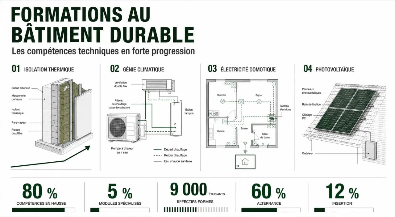 L'évolution des formations aux métiers du bâtiment durable illustrée par des chiffres clés et les compétences qui montent